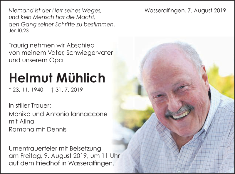  Traueranzeige für Helmut Mühlich vom 07.08.2019 aus Schwäbische Post