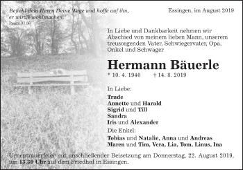 Traueranzeige von Hermann Bäuerle von Schwäbische Post