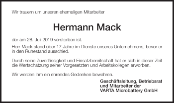 Traueranzeige von Hermann Mack von Schwäbische Post