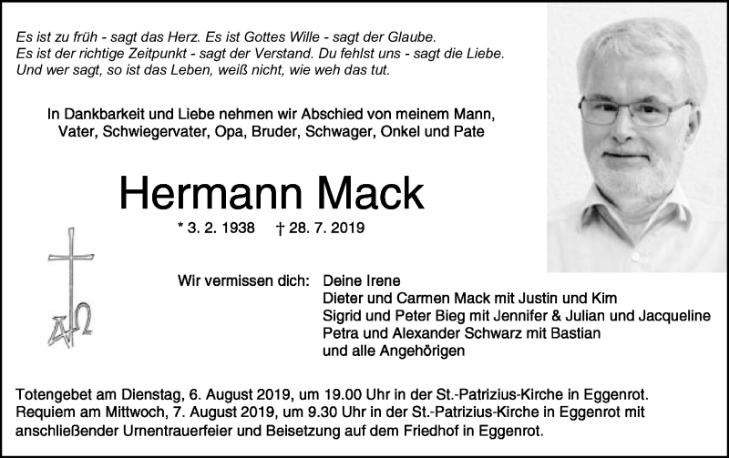  Traueranzeige für Hermann Mack vom 03.08.2019 aus Schwäbische Post