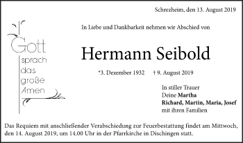 Traueranzeige von Hermann Seibold von Schwäbische Post