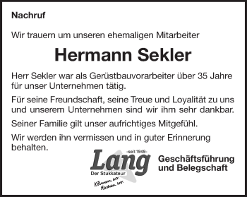 Traueranzeige von Hermann Sekler von Schwäbische Post