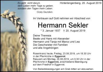 Traueranzeige von Hermann Sekler von Schwäbische Post