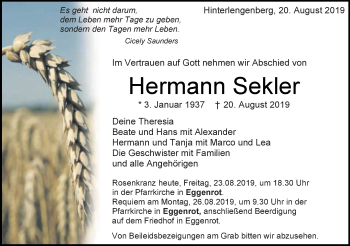 Traueranzeige von Hermann Sekler