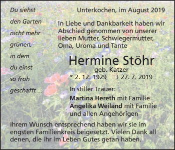Traueranzeige von Hermine Stöhr von Schwäbische Post
