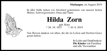 Traueranzeige von Hilda Zorn von Gmünder Tagespost