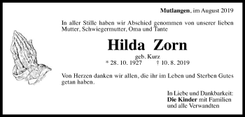 Traueranzeige von Hilda Zorn