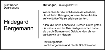 Traueranzeige von Hildegard Bergemann von Gmünder Tagespost