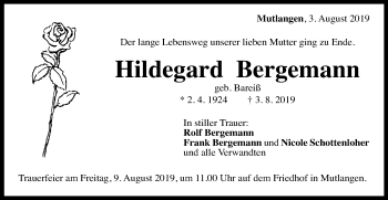 Traueranzeige von Hildegard Bergemann von Gmünder Tagespost