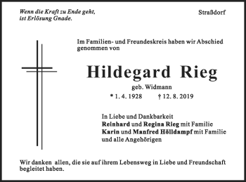 Traueranzeige von Hildegard Rieg von Gmünder Tagespost