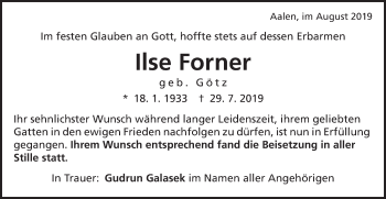 Traueranzeige von Ilse Forner von Schwäbische Post