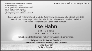 Traueranzeige von Ilse Hahn von Schwäbische Post