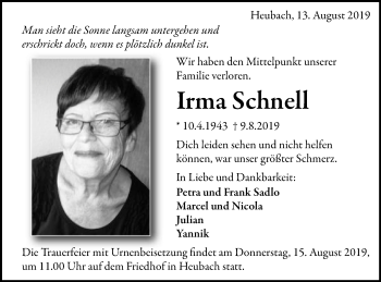 Traueranzeige von Irma Schnell von Gmünder Tagespost