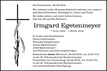 Traueranzeige von Irmgard Egetenmeyer von Schwäbische Post