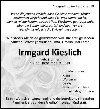 Traueranzeige von Irmgard Kieslich von Schwäbische Post