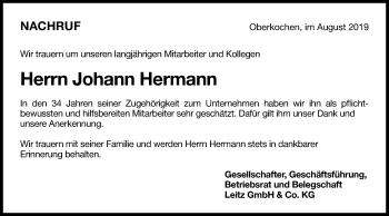 Traueranzeige von Johann Hermann von Schwäbische Post