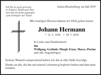 Traueranzeige von Johann Hermann von Schwäbische Post