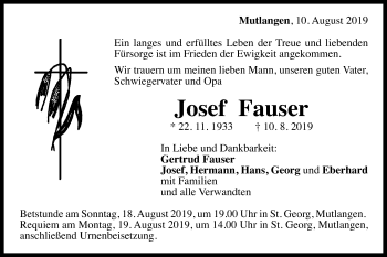 Traueranzeige von Josef Fauser von Gmünder Tagespost