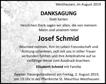 Traueranzeige von Josef Schmid von Schwäbische Post