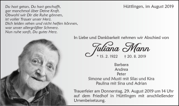 Traueranzeige von Juliana Mann von Schwäbische Post