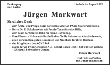 Traueranzeige von Jürgen Markwart von Gmünder Tagespost