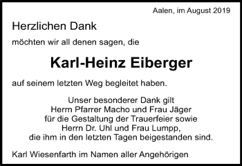 Traueranzeige von Karl-Heinz Eiberger von Schwäbische Post