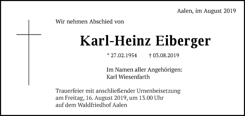  Traueranzeige für Karl-Heinz Eiberger vom 16.08.2019 aus Schwäbische Post