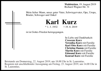 Traueranzeige von Karl Kurz von Gmünder Tagespost