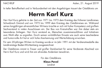 Traueranzeige von Karl Kurz von Gmünder Tagespost