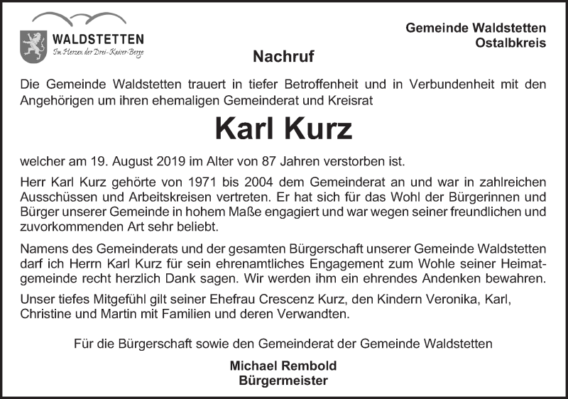  Traueranzeige für Karl Kurz vom 20.08.2019 aus Gmünder Tagespost