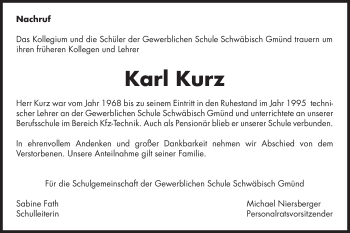 Traueranzeige von Karl Kurz von Gmünder Tagespost