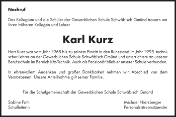 Traueranzeige von Karl Kurz