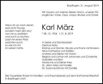 Traueranzeige von Karl März von Schwäbische Post