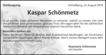 Traueranzeige von Kaspar Schönmetz von Bopfinger Stadtanzeiger