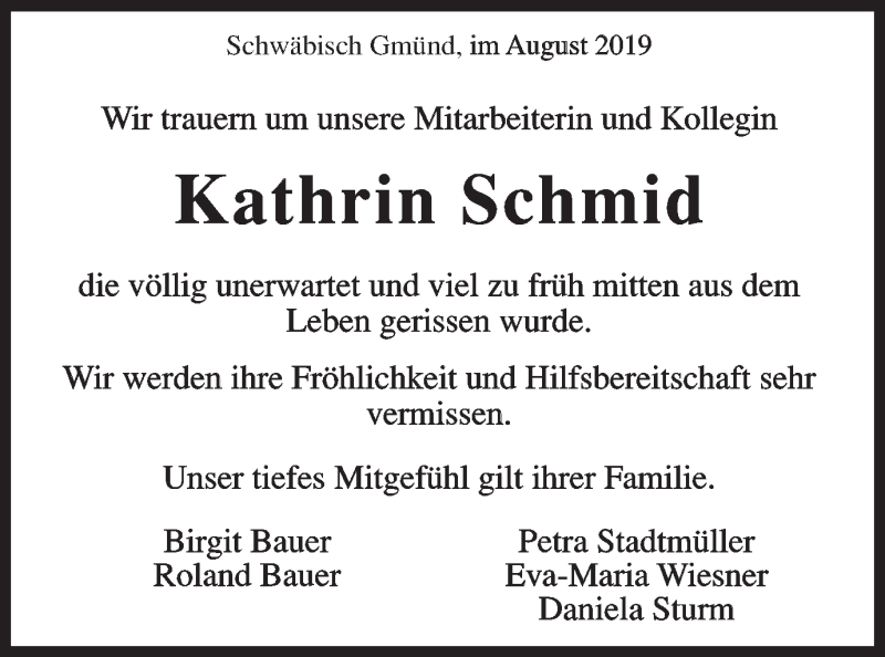  Traueranzeige für Kathrin Schmid vom 17.08.2019 aus Gmünder Tagespost