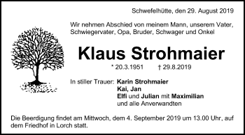 Traueranzeige von Klaus Strohmaier von Gmünder Tagespost