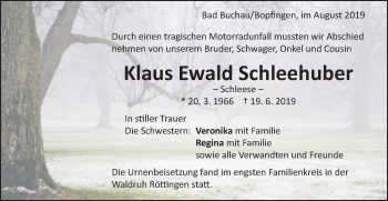 Traueranzeige von Klaus Ewald Schleehuber von Bopfinger Stadtanzeiger
