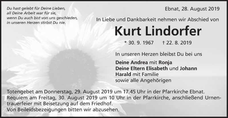  Traueranzeige für Kurt Lindorfer vom 28.08.2019 aus Schwäbische Post