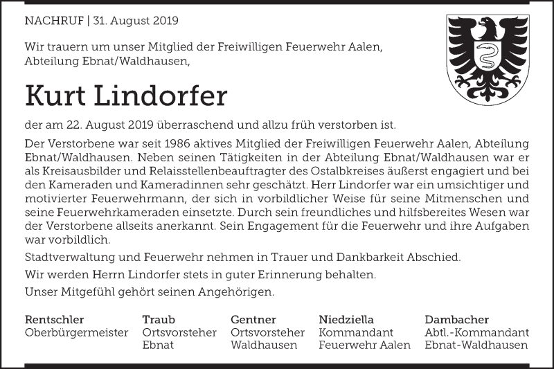  Traueranzeige für Kurt Lindorfer vom 31.08.2019 aus Schwäbische Post
