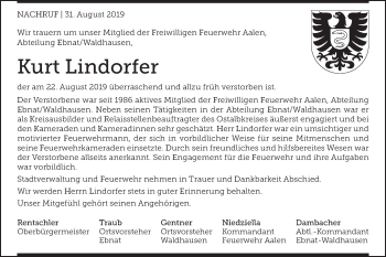 Traueranzeige von Kurt Lindorfer von Schwäbische Post