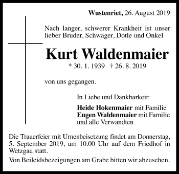 Traueranzeige von Kurt Waldenmaier von Gmünder Tagespost