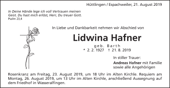 Traueranzeige von Lidwina Hafner von Schwäbische Post