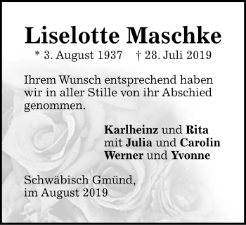 Traueranzeige von Liselotte Maschke von Gmünder Tagespost