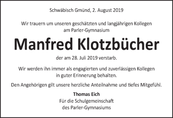 Traueranzeige von Manfred Klotzbücher von Gmünder Tagespost