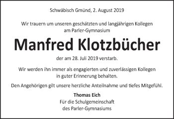 Traueranzeige von Manfred Klotzbücher