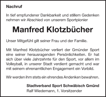 Traueranzeige von Manfred Klotzbücher von Gmünder Tagespost