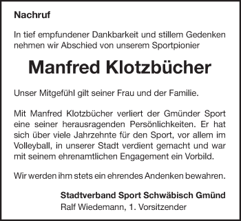 Traueranzeige von Manfred Klotzbücher