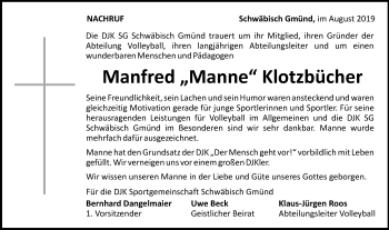 Traueranzeige von Manfred Manne Klotzbücher von Gmünder Tagespost