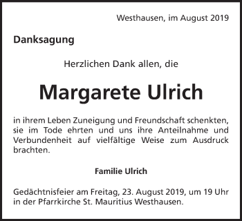 Traueranzeige von Margarete Ulrich von OstalbTrauer