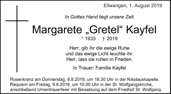 Traueranzeige von Margarete Gretel Kayfel von Schwäbische Post